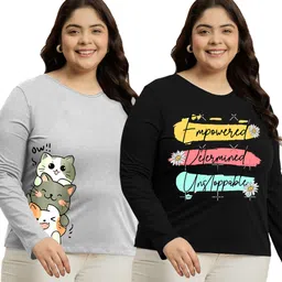 Pack of 2 Women Typography Round Neck Cotton Blend Multicolor T-Shirt-image-58