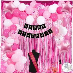 Adorning Pink, White Metallic and Pastel Pink Birthday Decoration Kit for Girls.-image-9