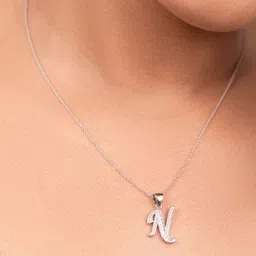 svan Silver Cursive N Initial Pendant with Link Chain | Gifts for Women & Girls Sterling Silver Zircon Silver Pendant image 2