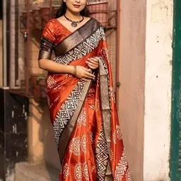 j6 designers Printed Hand Batik Cotton Silk Saree image 3