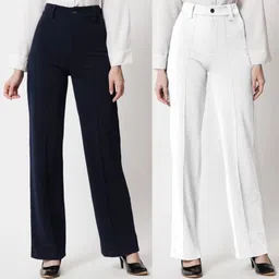 Pack of 2 Women Regular Fit Black, White Crepe Trousers-image-1