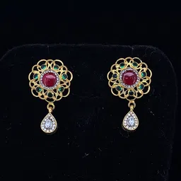 NJ Arts Gold Plated Ethnic Filigree Stud Earrings with Red Kempu Center Stone Yellow Gold 18kt Stud Earring-picture-21