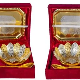 smiles gift German Gold Brass Round Bowl Sets with Tray and Spoon with Royal Luxury Velvet Box Packing And Carry Bag Used for Dry Fruit, Sweets and Home Décor (Set Of 2 piece) Bowl, Spoon, Tray Serving Set-picture-18