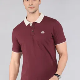 wrogn Men Solid Polo Neck Pure Cotton Maroon T-Shirt-picture-11