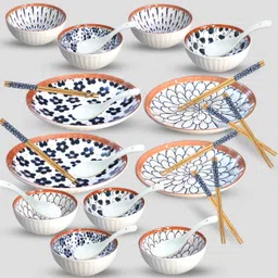 yelona Pack of 28 Porcelain Japanese Ramen Porcelain Dinner Set With 8 Bowls,8 Spoon,8 Chopsticks,4 Plates Dinner Set-picture-27