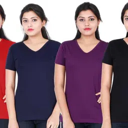 fleximaa Pack of 4 Women Solid V Neck Cotton Blend Multicolor T-Shirt image 1