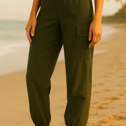Women Relaxed Dark Green Polycotton Trousers-image-4