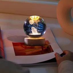 arv Moon Rabbit Crystal Ball 2.4" Glass Globe with LED Wooden Base Table Lamp Table Lamp image 2