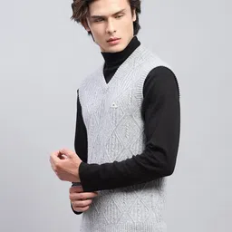 monte carlo Men Self Design V Neck Grey Sweater image 3