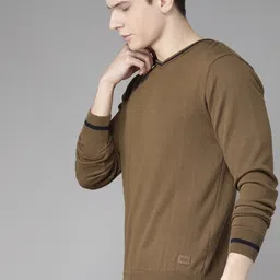 roadster Men Solid V Neck Brown Sweater image 5
