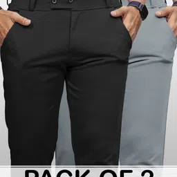 vebnor Pack of 2 Men Regular Fit Black, Grey Lycra Blend Trousers image 3