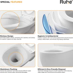 ruhe Aura White Rimless P-Trap Wall Hung Commode| High-Grade Ceramic | Soft-close Seat | Washdown Flush | Anti-bacterial Glaze| Wall Hung Western Commode image 3