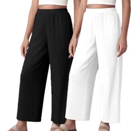 fabricalign Pack of 2 Women Relaxed Black, White Crepe Trousers-picture-45