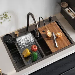 q-image 304 Grade 24'' x 18'' x 9'' Kitchen Sink Anti Scratch Design With Integrated Waterfall and Pull-down Faucet Set Stainless Steel All In One Counter Top-picture-12