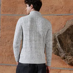 campus sutra Men Self Design Mandarin Neck Grey Sweater image 3