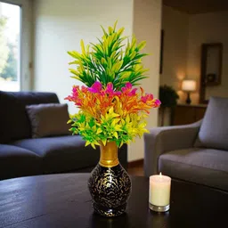 CASER ENTERPRISE Artificial Bunch with Decorative Golden-Black Vase Green Wild Flower Artificial Flower with Pot-image-0