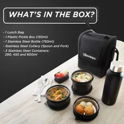 oliveware Teso Pro Lunch Box | 3 Stainless Steel Containers | Plastic Pickle Box | Steel Spoon & Fork | Insulated Fabric Bag | Leak Proof | Microwave Safe | Full Meal | Easy to Carry | Black 4 Containers Lunch Box image 3