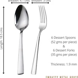 embassy Platinum 6 Pcs Dessert Fork 6 Pcs Dessert Spoon Combo Stainless Steel Dessert Spoon, Table Spoon Set image 3