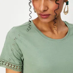 max Casual Regular Sleeves Self Design Women Green Top image 3