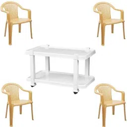 Italica 4 Pcs Polypropylene Marble Beige Premium Arm Chair &a; White Table with Wheels Set, 9201-4/9509-picture-25