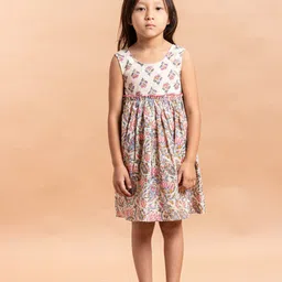 Sangria Girls Beige & Pink Ethnic Motifs Printed Gathered Pure Cotton Fit & Flare Dress-picture-25