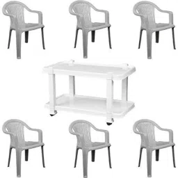 Italica 6 Pcs Polypropylene Marble Grey Premium Arm Chair &a; White Table with Wheels Set, 9201-6/9509-picture-39