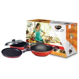 Nirlep Aspa 3 Pcs Red Aluminium Tawa, Fry, Pan &a; Kadhai with Lid Gift Set, SAGS10 (Pack of 3) image 2