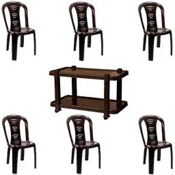 Italica 6 Pcs Polypropylene Nut Brown Without Arm Chair &a; Nut Brown Table with Wheels Set, 9306-6/9509-picture-48