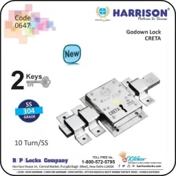 Harrison Creta Stainless Steel 304 10 Turn Godown Lock with 2 Keys for Double Door, 0647 image 2