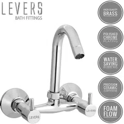Levers Turbo Brass Silver Chrome Finish Wall Mounted Kitchen Sink Mixer with 360 deg Rotating Spout &a; Wall Flange, L919793 image 2