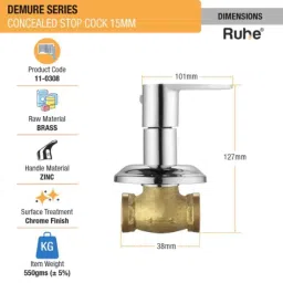 Ruhe Demure 15mm Brass Chrome Finish Concealed Stop Cock, 11-0308 image 2