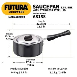 Hawkins Futura 1.5 Litre 16cm Hard Anodized Ezee Pour Saucepan with Lid, AS 15S (Pack of 3) image 3