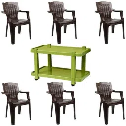 Italica 6 Pcs Polypropylene Nut Brown Comfort Arm Chair &a; Green Table with Wheels Set, 9001-6/9509-picture-38