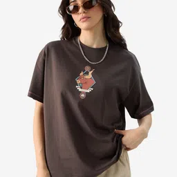 the souled store Women Graphic Print Round Neck Pure Cotton Brown T-Shirt-picture-15