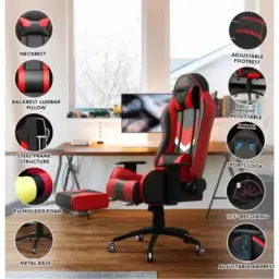 Rekart PU Leather Red &a; Black  Ergonomic Adjustable Revolving Wing Back Gaming Chair with Footrest, RGCF-6 image 3
