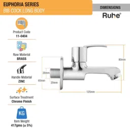 Ruhe Euphoria Brass Chrome Finish Long Body Bib Cock, 11-0404 image 2