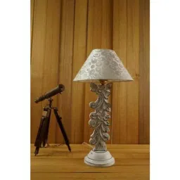 Tucasa Mango Wood Antique White Carving Table Lamp with 10 inch Polycotton White Silver Pyramid Shade, WL-17-picture-13
