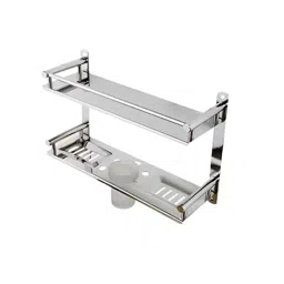 Voltizi 2 Shelves Stainless Steel Silver Chrome Finish Multipurpose Wall Shelf with Toothbrush Holder &a; Soap Dish, MP-BH-TR-GSS-02 image 4