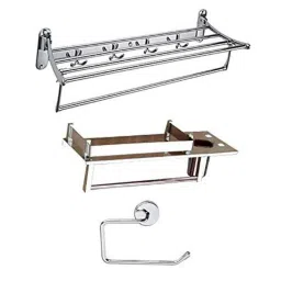 IRIS Stainless Steel Bathroom Folding Towel Rack &a; 3-in-1 Multi Shelf &a; Napkin Ring Combo-image-36