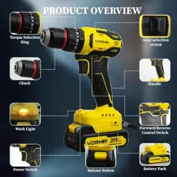 Vormir VR BD21-38 20V 38Nm 0-450 &a; 0-1450rpm 10mm Plastic Yellow Cordless Impact Drill Set, BD2138V112 image 5