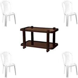 Italica 4 Pcs Polypropylene White Without Arm Chair &a; Nut Brown Table with Wheels Set, 9312-4/9509-picture-29
