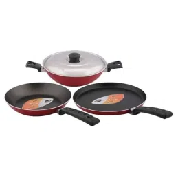 Nirlep Aspa 3 Pcs Red Aluminium Tawa, Fry, Pan &a; Kadhai with Lid Gift Set, SAGS10 (Pack of 5)-picture-35