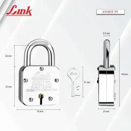 Link 55mm Steel Hardened Shackle Padlock with 8 Brass Lever &a; 3 Silver Keys, Atoot 55 (Pack of 2) image 3