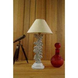 Tucasa Mango Wood Antique White Carving Table Lamp with 10 inch Polycotton Off White Pyramid Shade, WL-4-picture-28