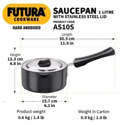 Hawkins Futura 1 Litre 14cm Hard Anodized Ezee Pour Saucepan with Lid, AS 10S (Pack of 2) image 3