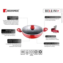 Bergner Bellini Plus 20cm 2.3L Red Non Stick Aluminium Kadhai with Glass Lid, BG-31263-RD image 3