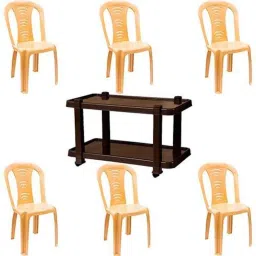 Italica 6 Pcs Polypropylene Marble Beige Without Arm Chair &a; Nut Brown Table with Wheels Set, 9306-6/9509-picture-45