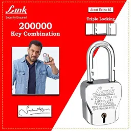 Link 60mm Stainless Steel Triple Locking Mechanism Padlock with 3 Silver Keys &a; Free Keychain, Atoot Extra 60 image 3