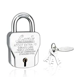 Link 70mm Stainless Steel Triple Locking Mechanism Padlock with 3 Silver Keys, Free Keychain &a; Key Hanger, Atoot Extra 70 (Pack of 5) image 3