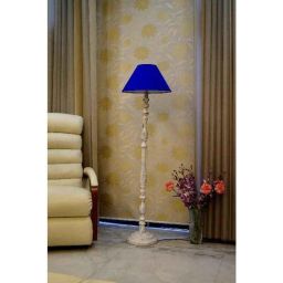 Tucasa Vintage White Mango Wood Floor Lamp with Blue Conical Polycotton Shade, WF-27-picture-3